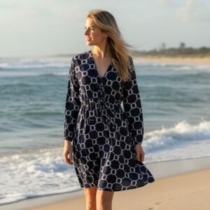 SHIRALEAH Cool Cotton Blue White Nautical Print Mini Dress Swimsuit Cover-up XL